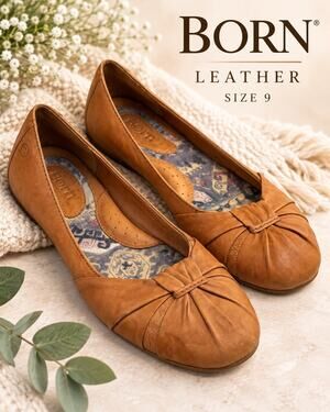 Born Women’s Size 9 Cognac Brown Leather Ballet Flats Ruched Comfort Shoes